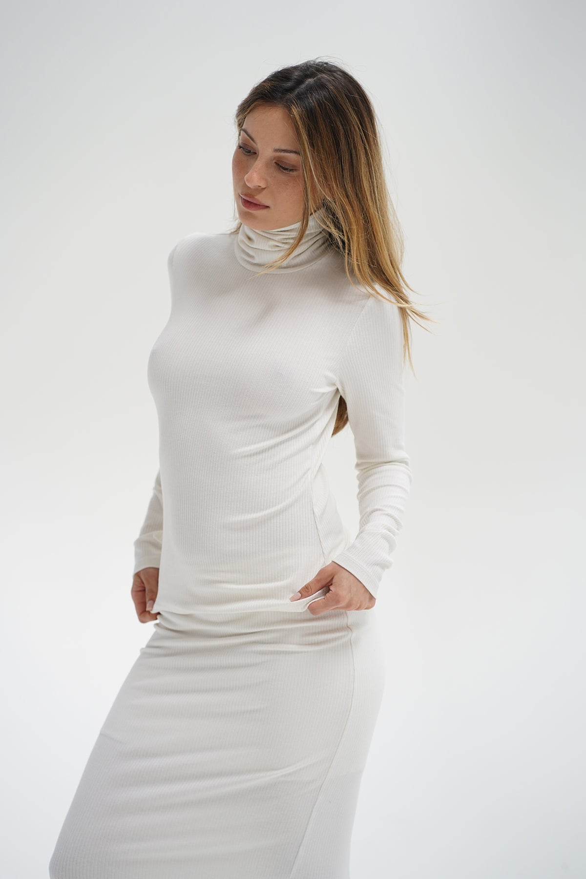 white turtleneck dress long sleeve V. Chapman Jules Long-Sleeve Turtleneck Lace Column Maxi Dress