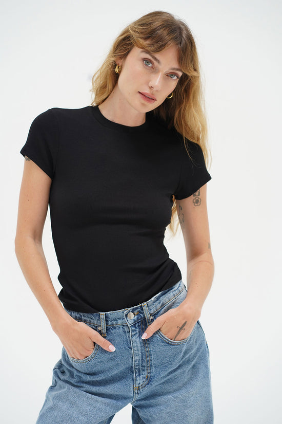 LNA Fitted Rib Crew Tee in Black