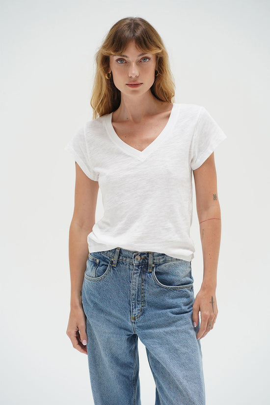 Fitted Deep V Cotton Tee - White