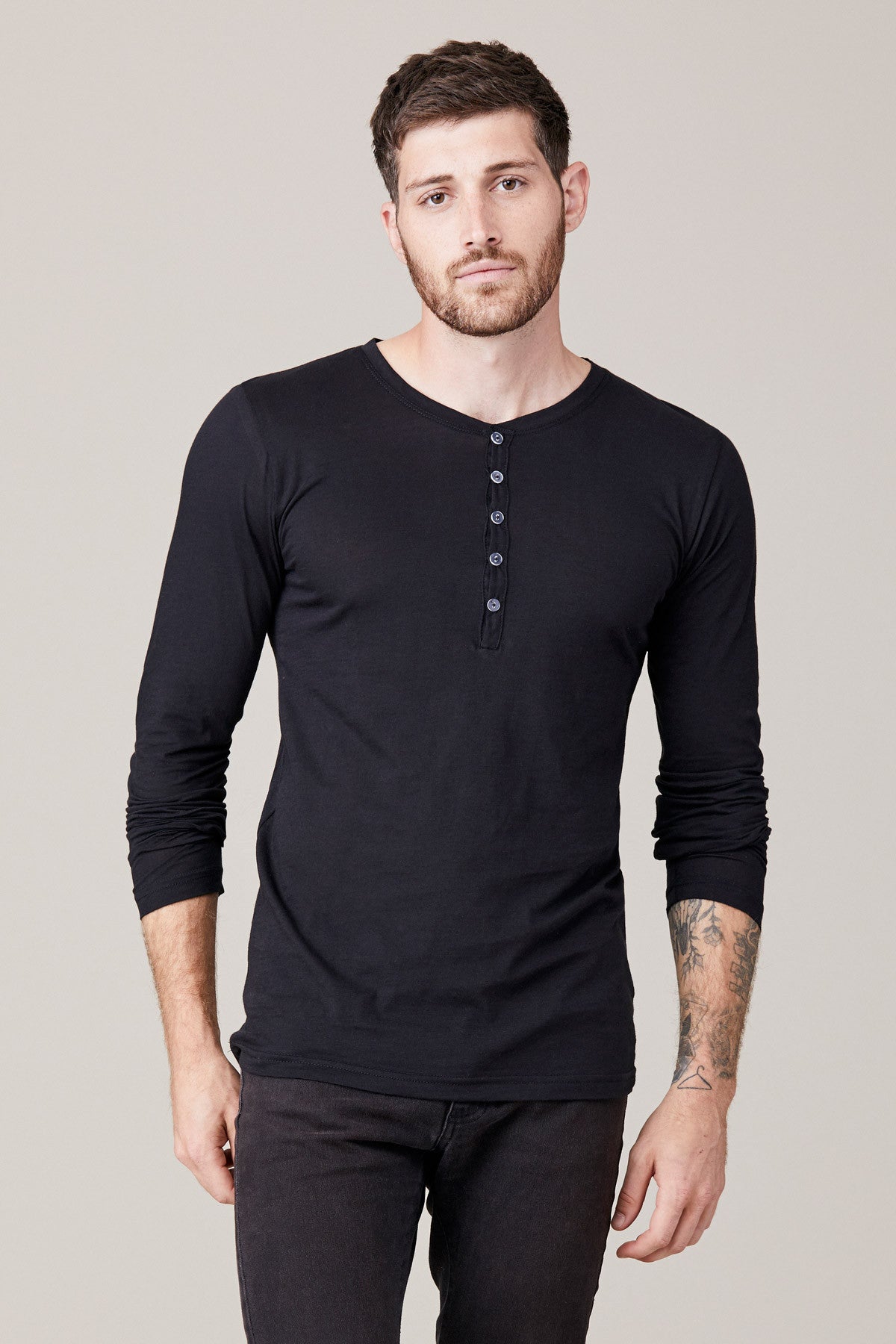 Men's Men's Long Sleeve Button Henley - Black, XXL by LNA Clothing
