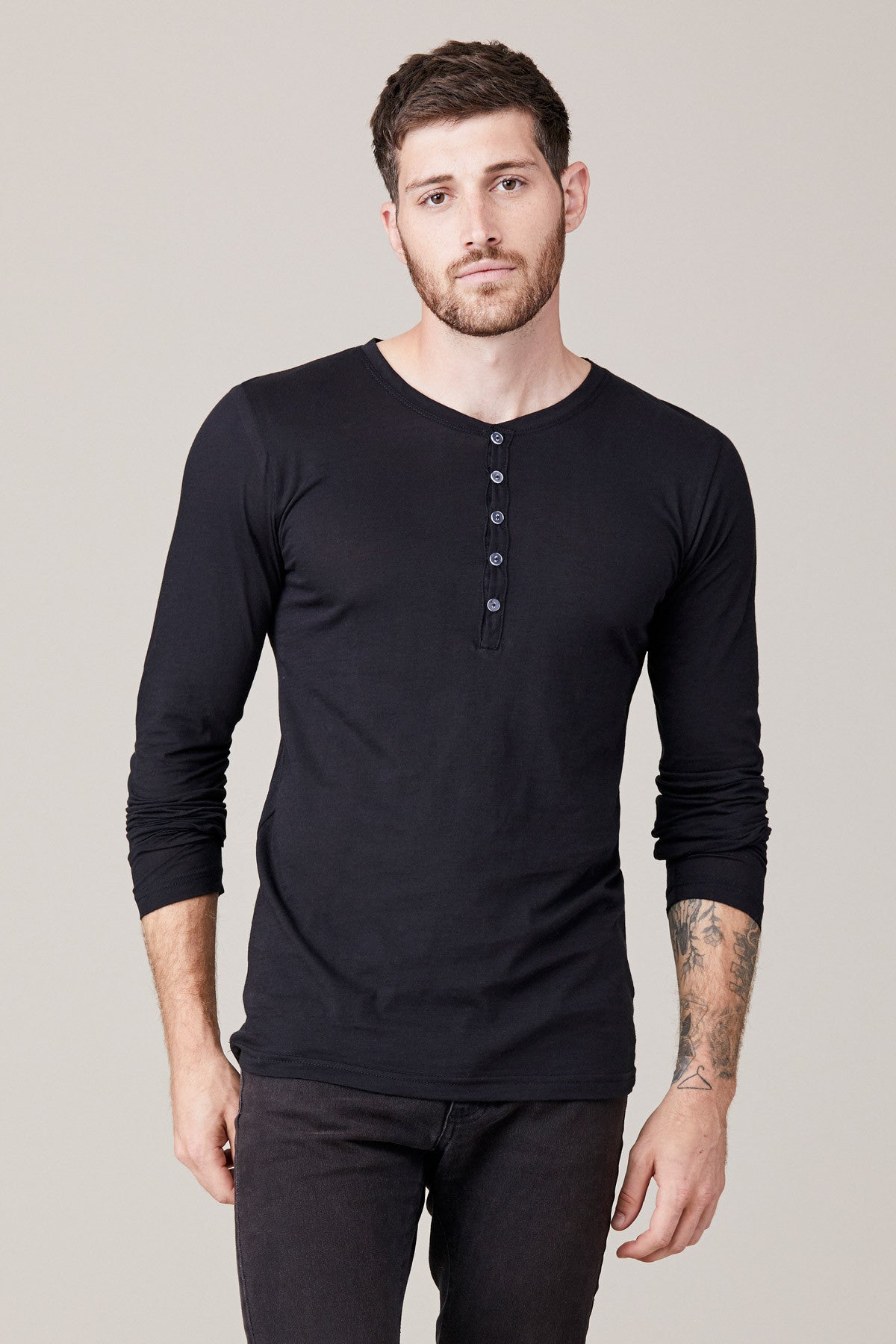 Men's Long Sleeve Button Henley - Black XL by LNA Clothing