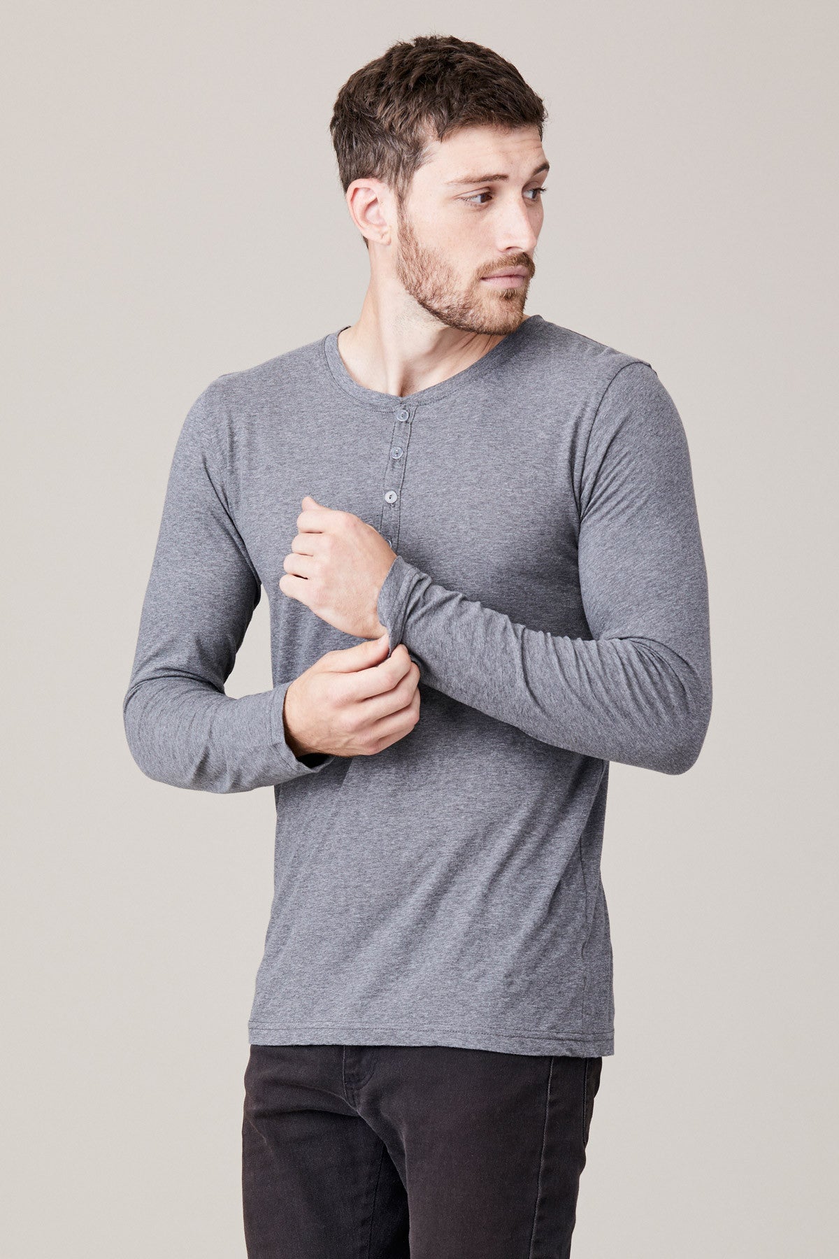 Men's Long Sleeve Button Henley - Heather Grey S by LNA Clothing