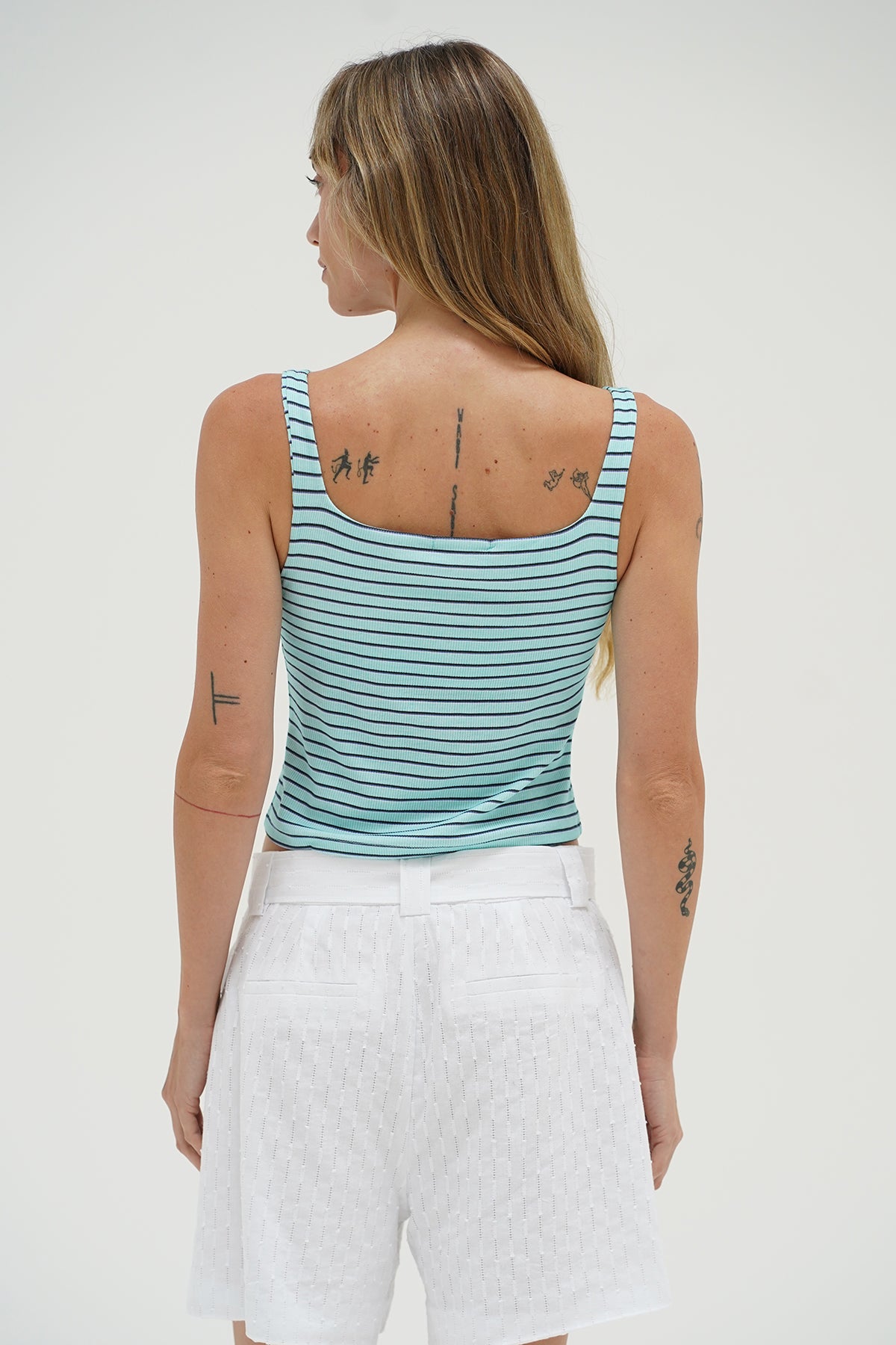 LNA Abby Deep Scoop Tank in teal stripe