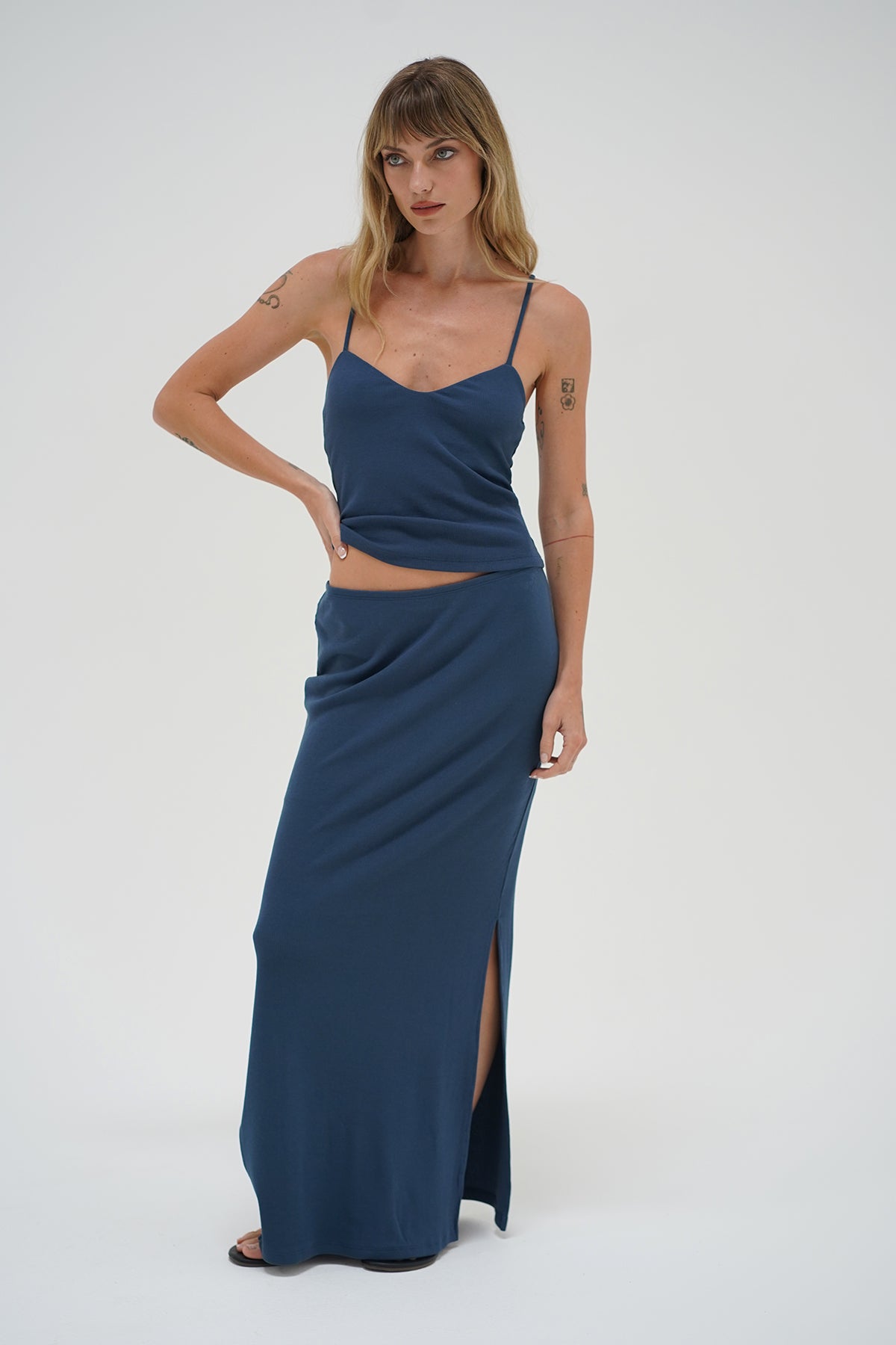 LNA Steph Ribbed Skirt in dark denim