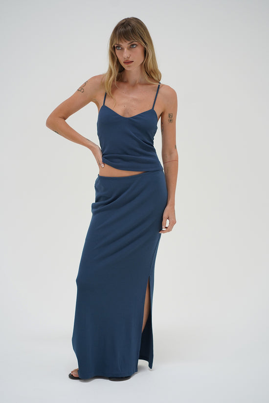 LNA Steph Ribbed Skirt in dark denim