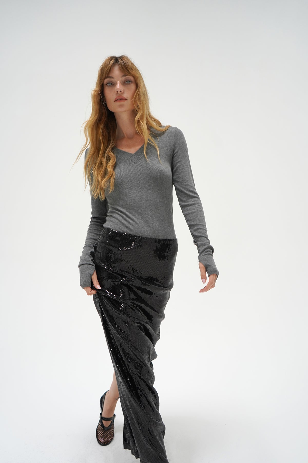 Elettra Sequin Column Skirt - Black Sequin