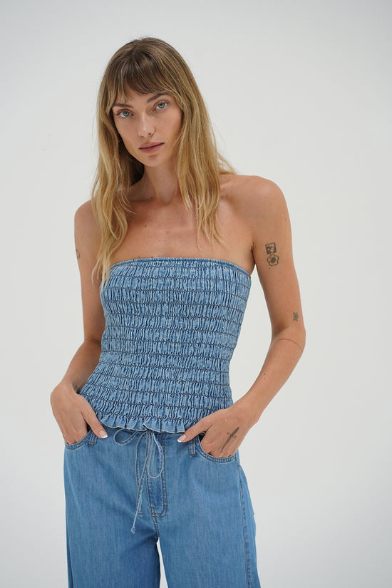 LNA Gigi smocked tube top in faded Blue