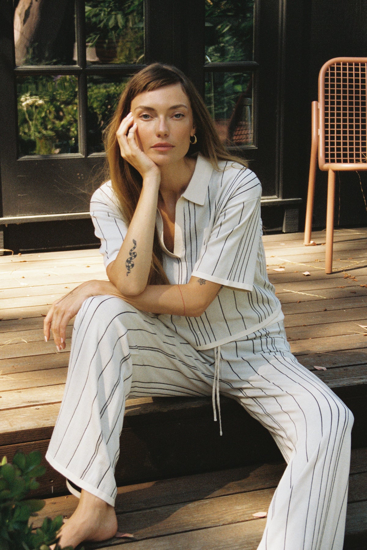 LNA Rylan Stripe Pant in ivory with black stripe