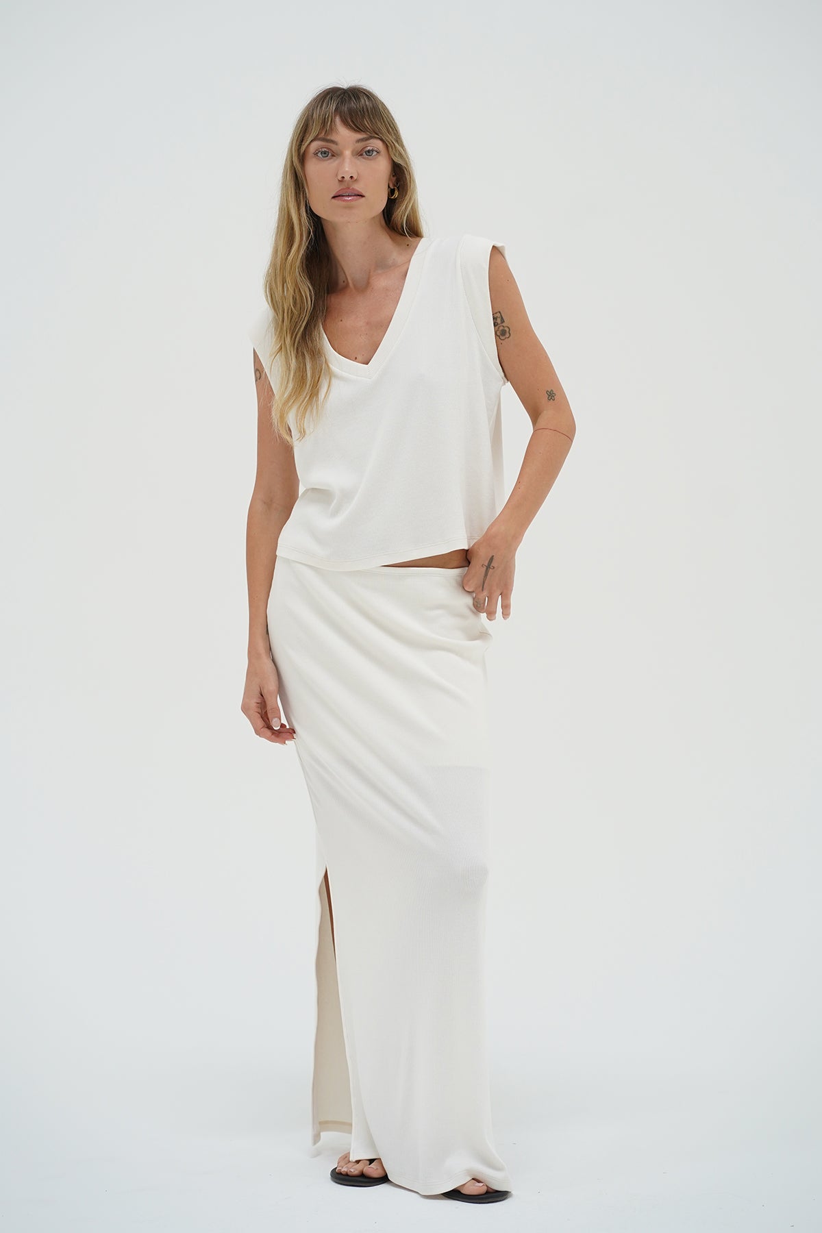 LNA Steph Ribbed Maxi Skirt in whisper white