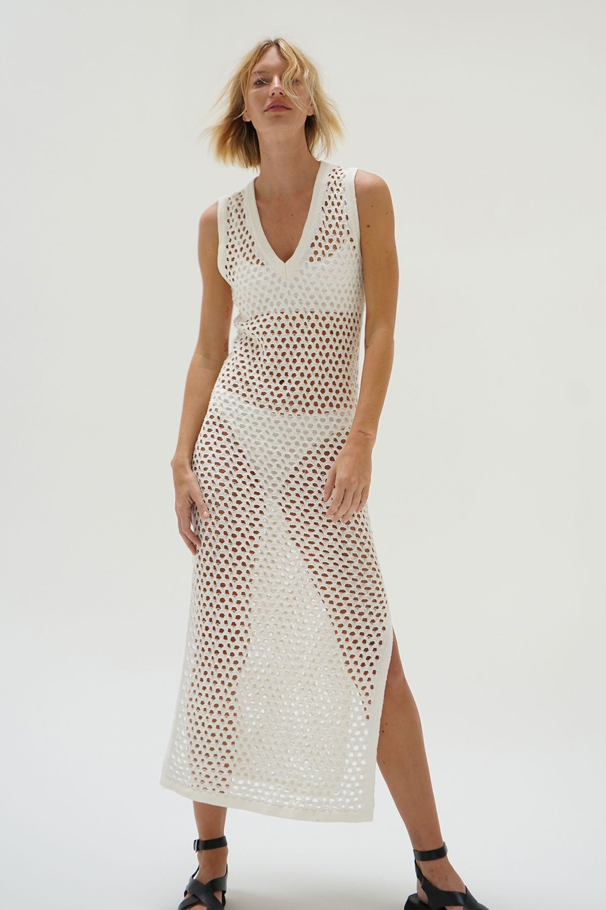 LNA Althaia V Open Knit Maxi Dress in White