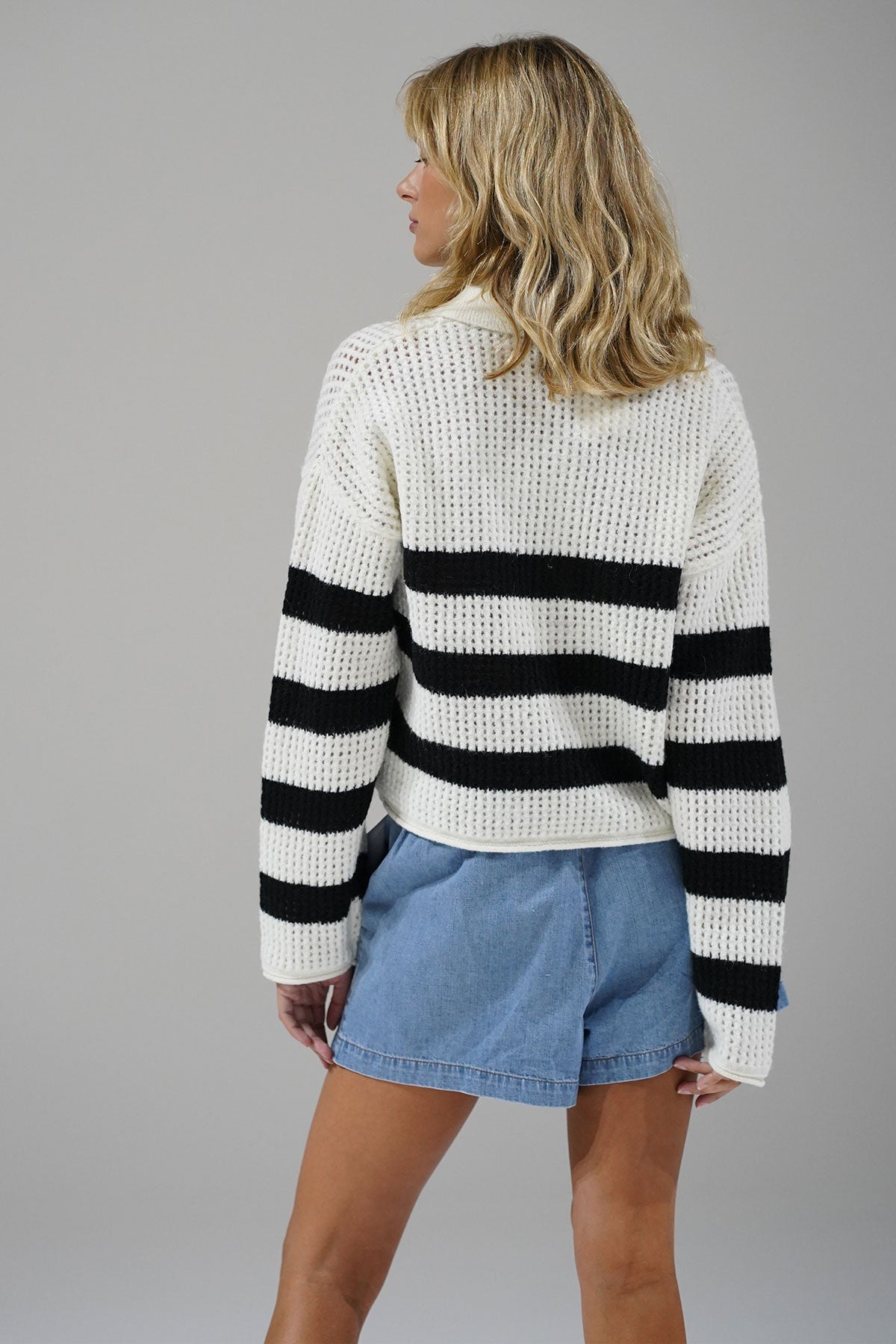LNA Ari Stripe Sweater in Ivory and Black Stripe