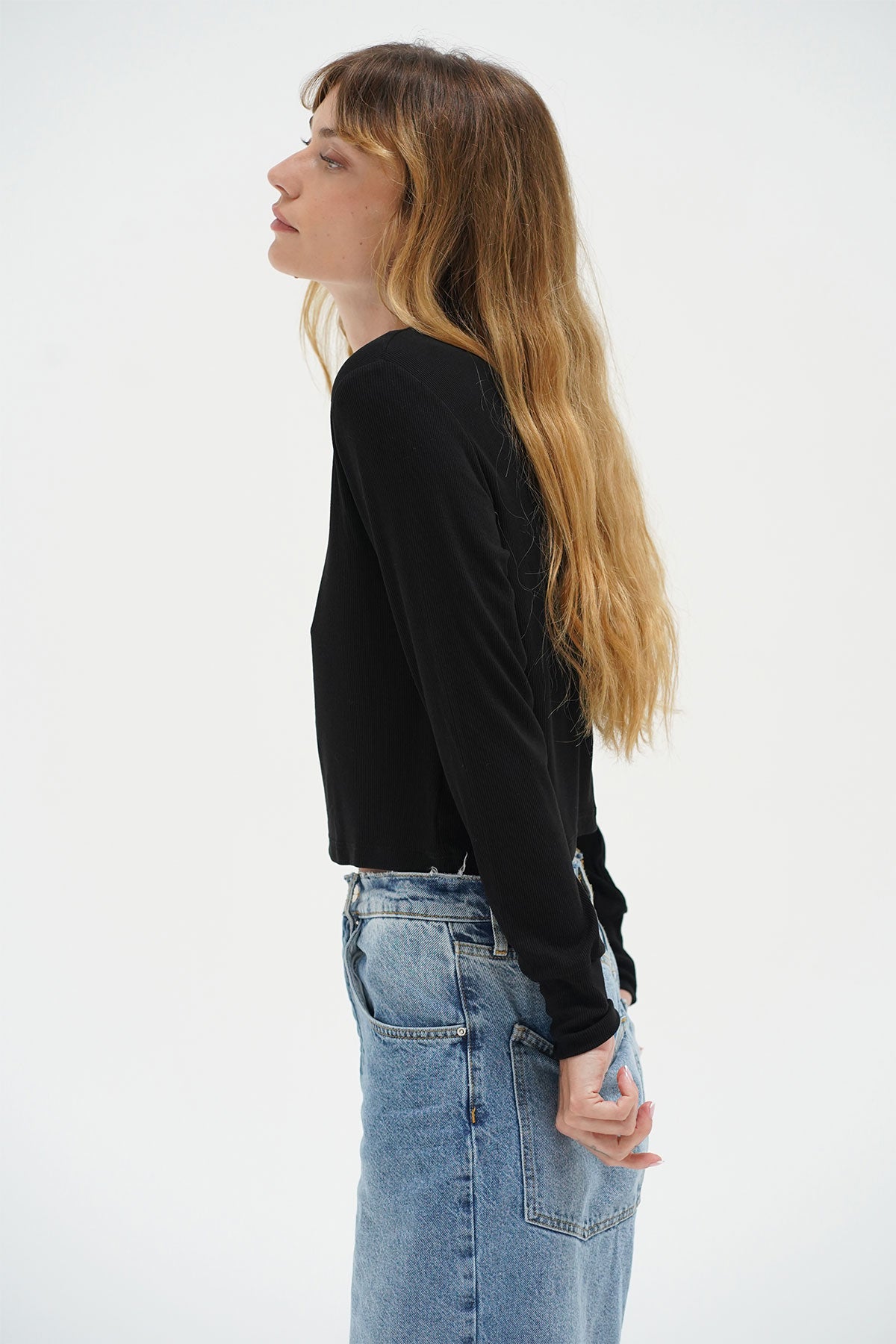 LNA Long Sleeve Ribbed Crew in Black