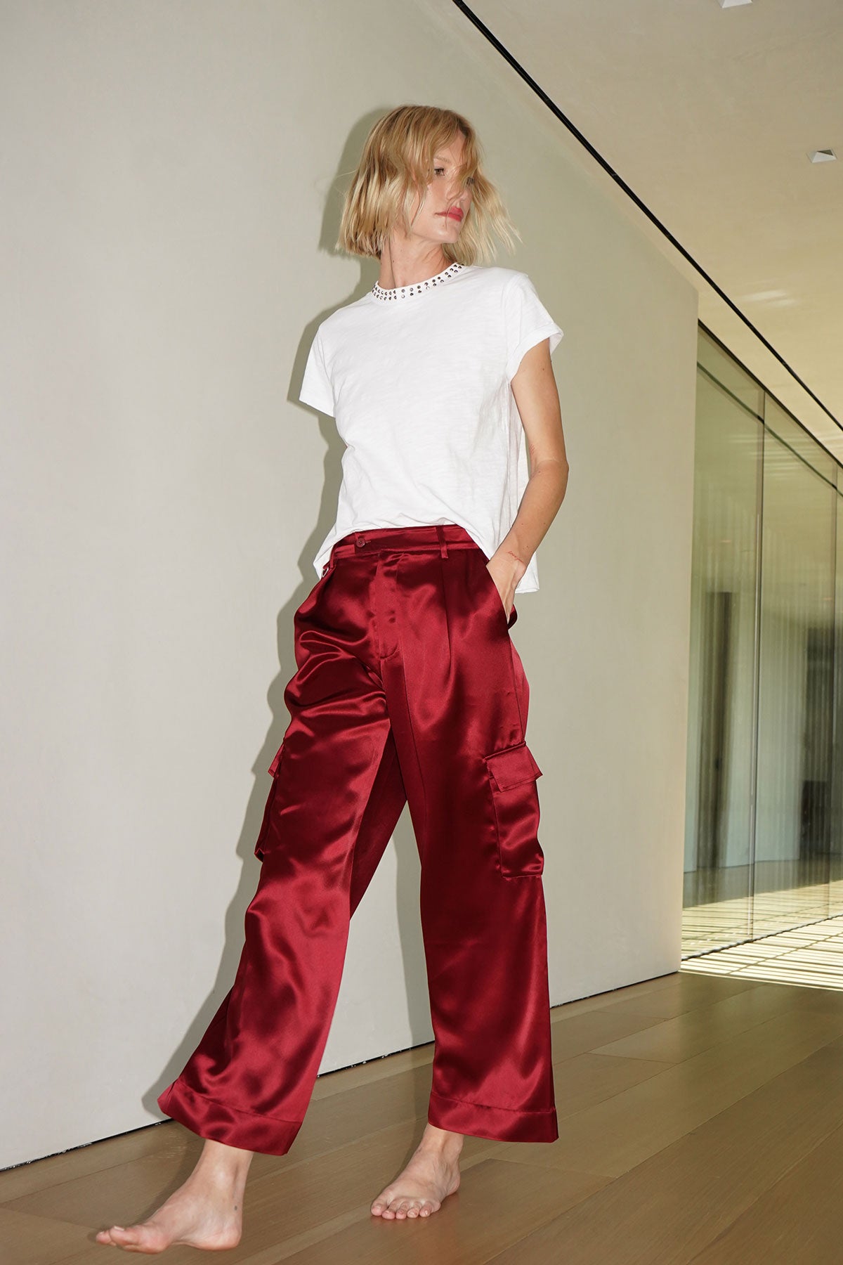 LNA Lou Silky Cargo Pant in Lambrusco