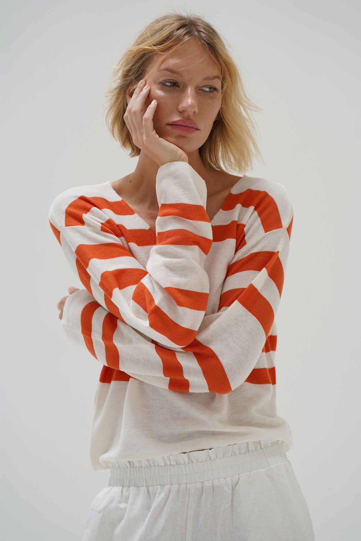 LNA Lucky Sweater in Coral Ivory Stripe