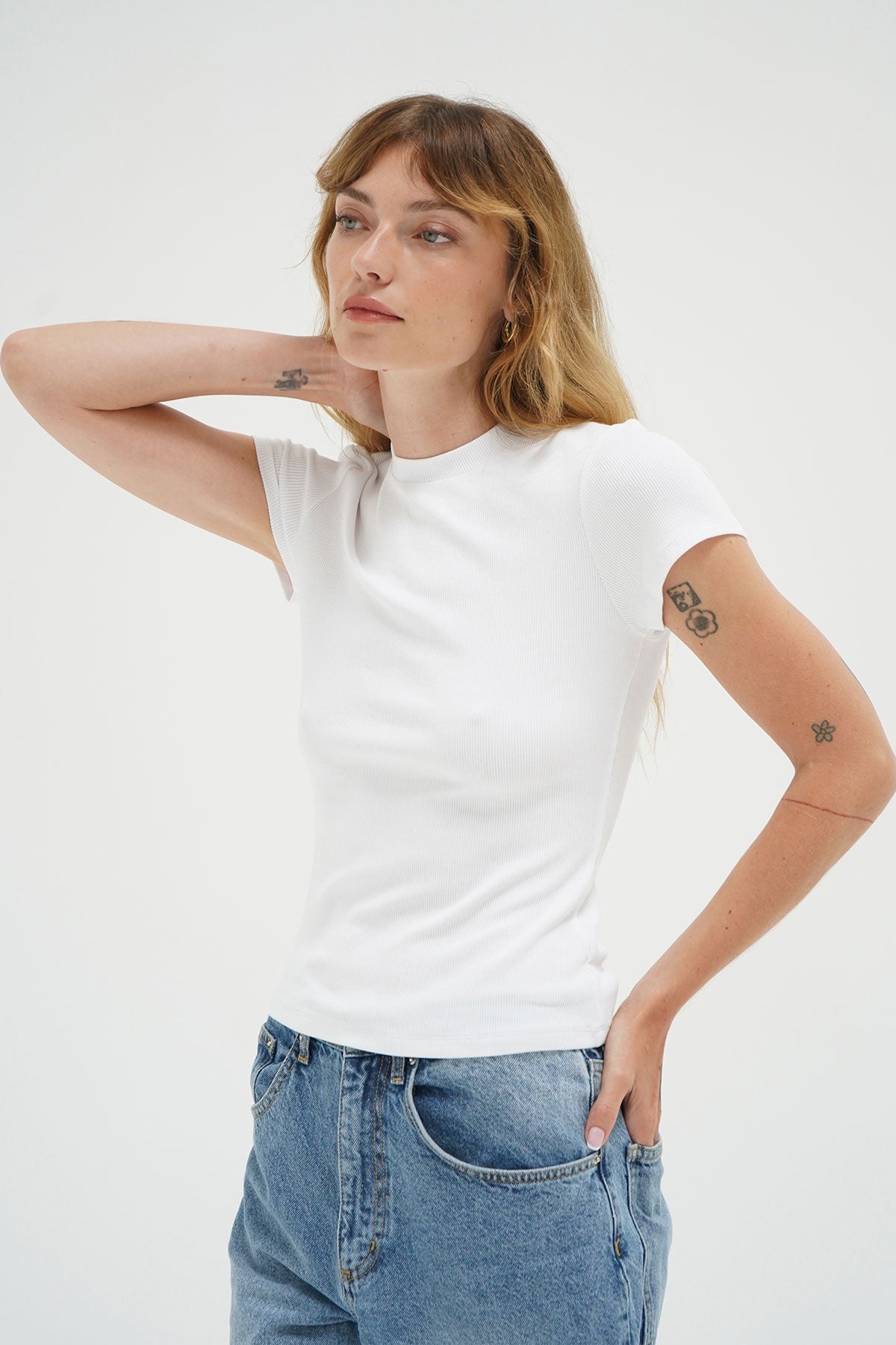 LNA Fitted Rib Crew Tee in White