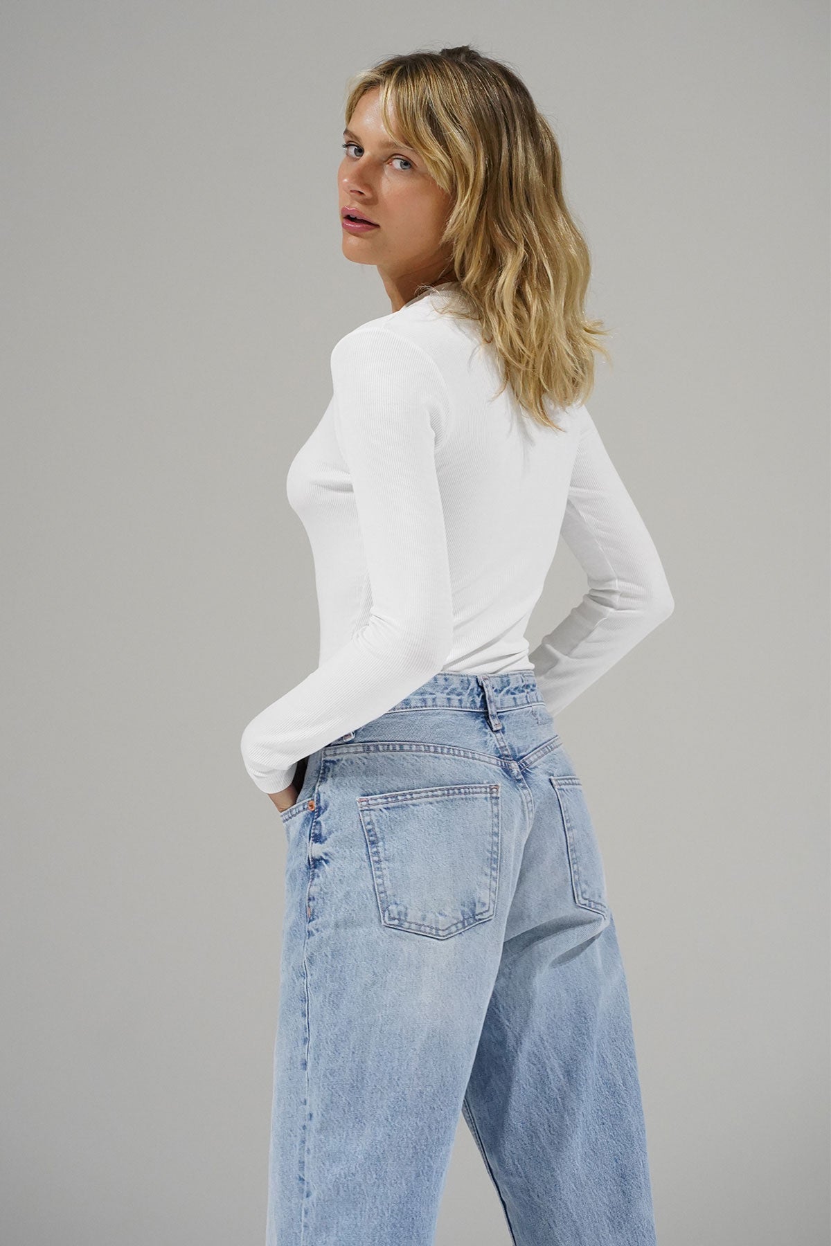 LNA Dalston Ribbed Long Sleeve Top in White