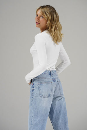 LNA Dalston Ribbed Long Sleeve Top in White