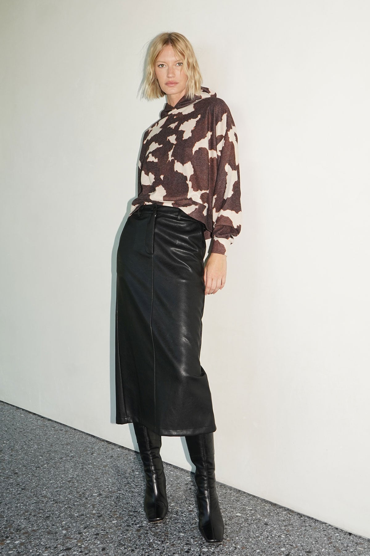 LNA Dara Faux Oiled Leather Skirt in Oiled Black