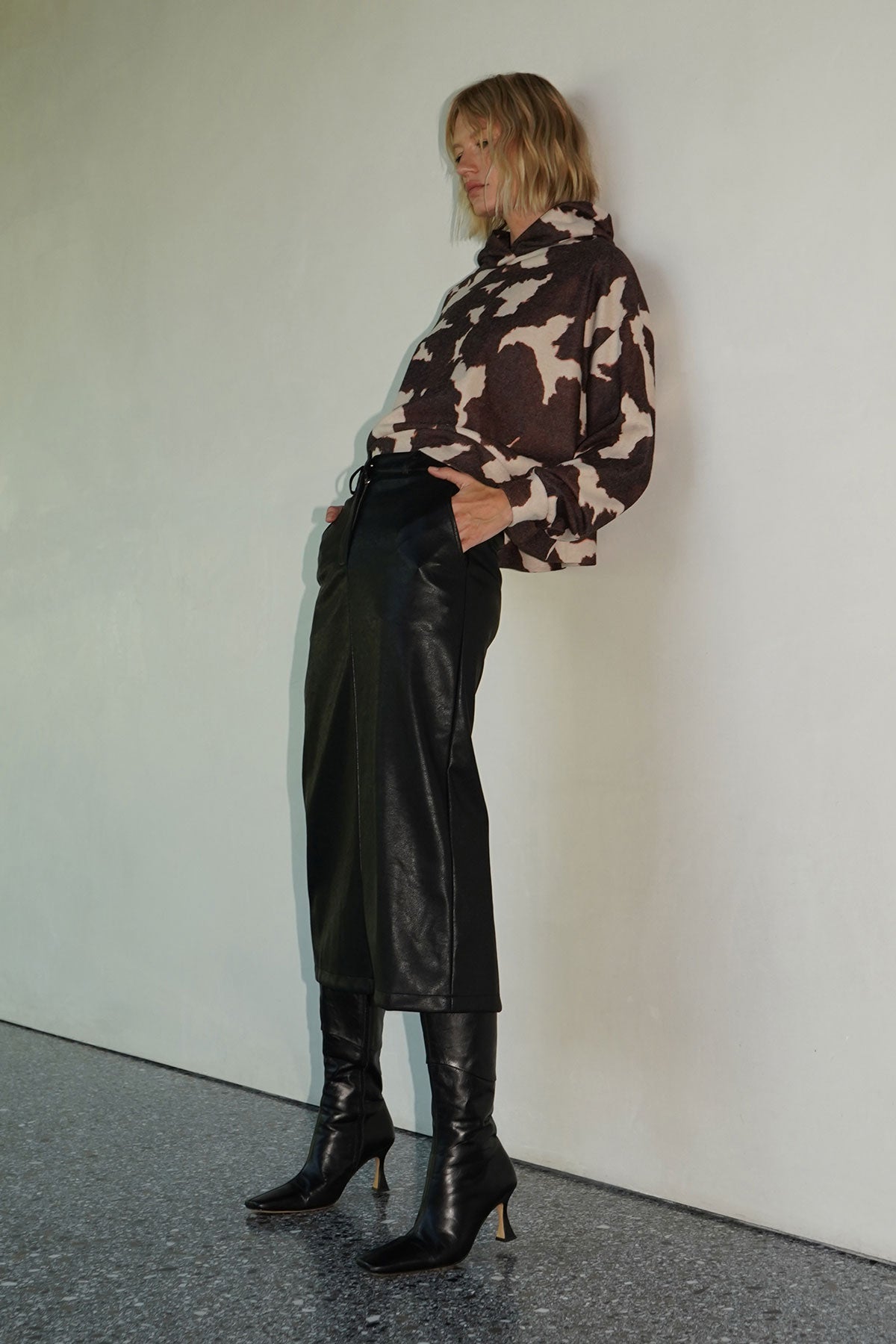 LNA Dara Faux Oiled Leather Skirt in Oiled Black