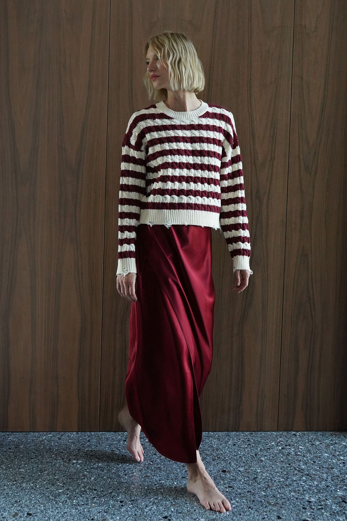 LNA Devi Distressed Cable Knit Sweater in Ivory Burgundy Stripe