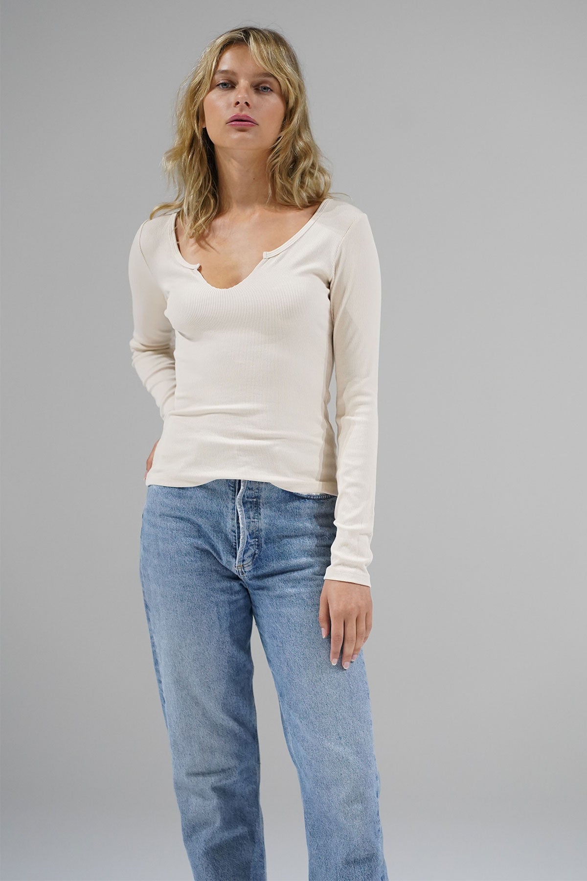 LNA Emory Notch Long Sleeve in Bone 