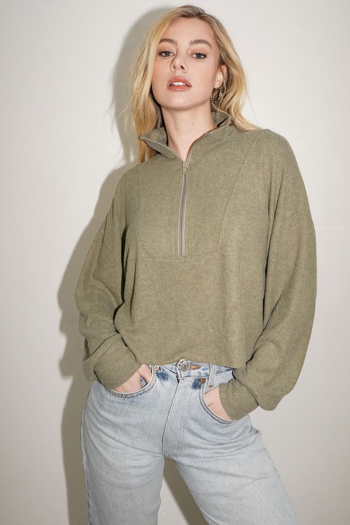 LNA Felix Brushed Zip Up in Brunt Olive