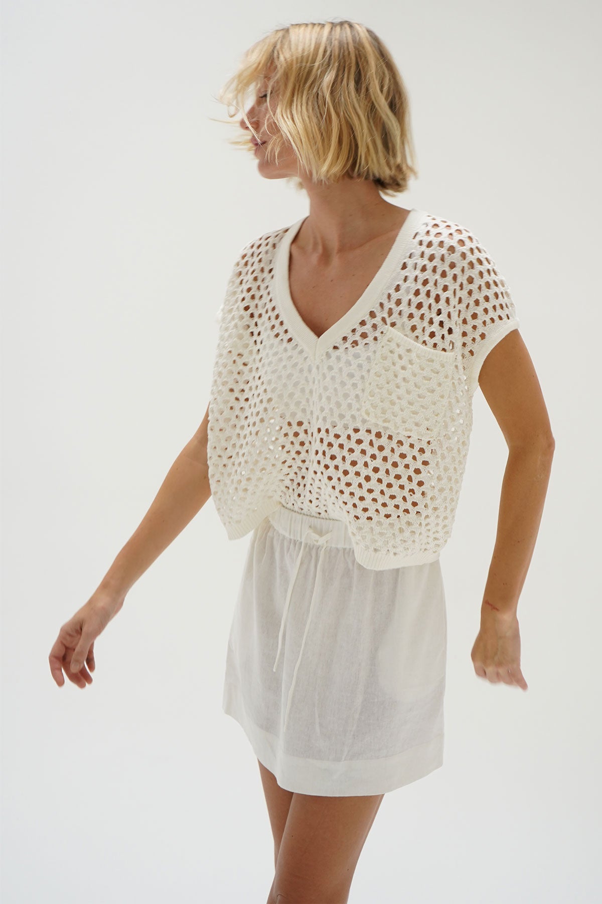 LNA Isak V Open Knit Top in Ivory