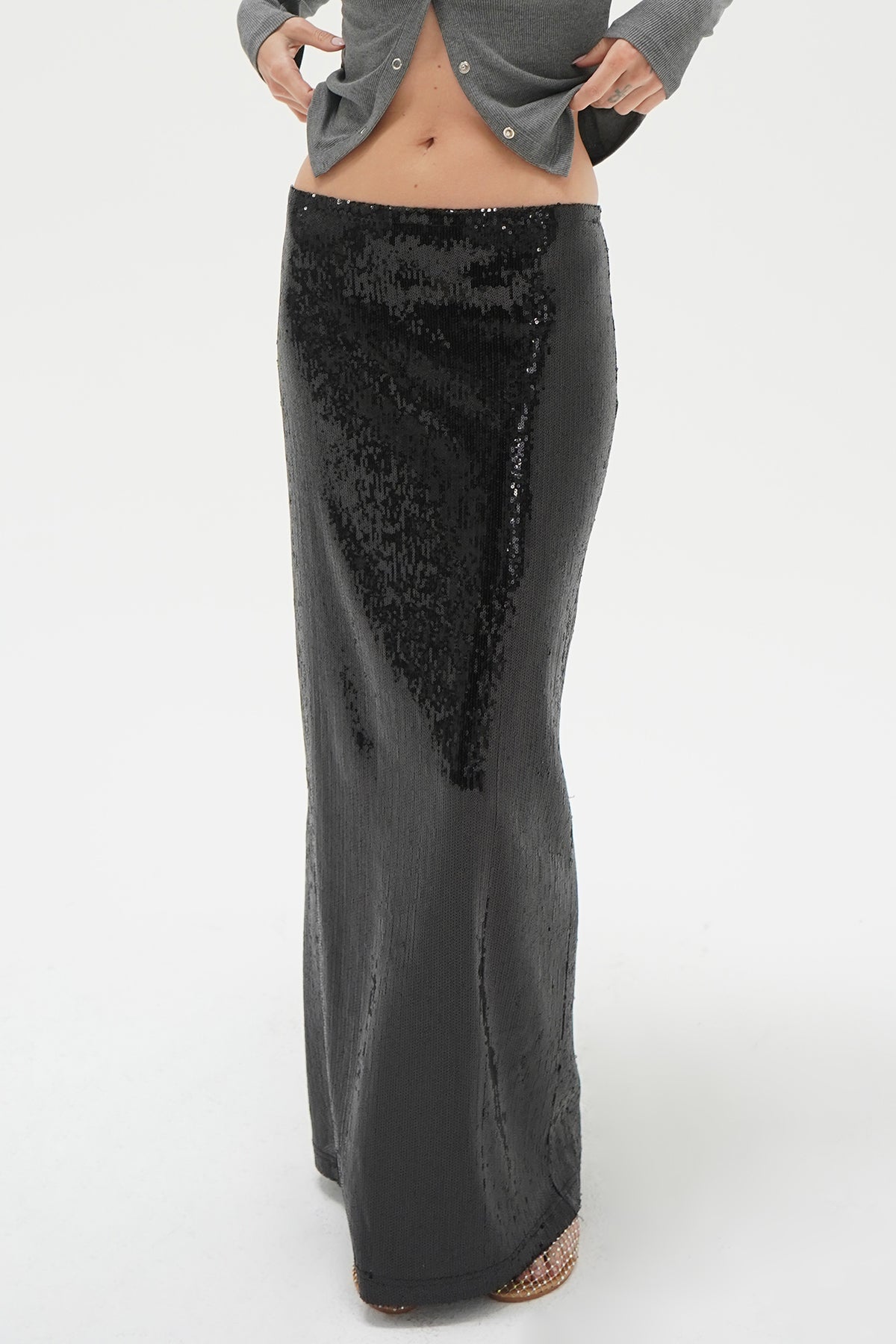 Elettra Sequin Column Skirt - Black Sequin