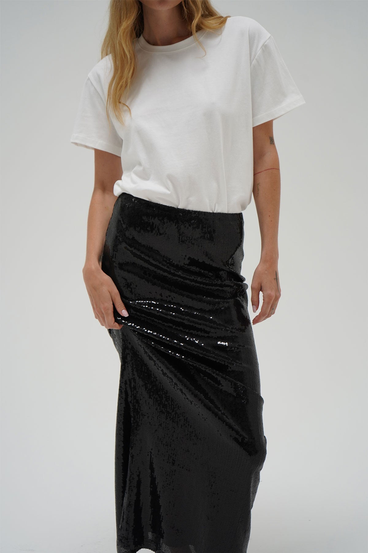 Elettra Sequin Column Skirt - Black Sequin
