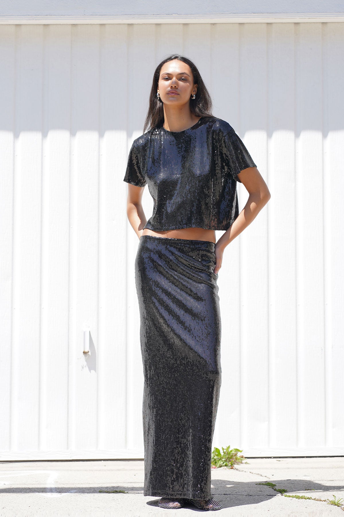 LNA sequin t shirt in black
