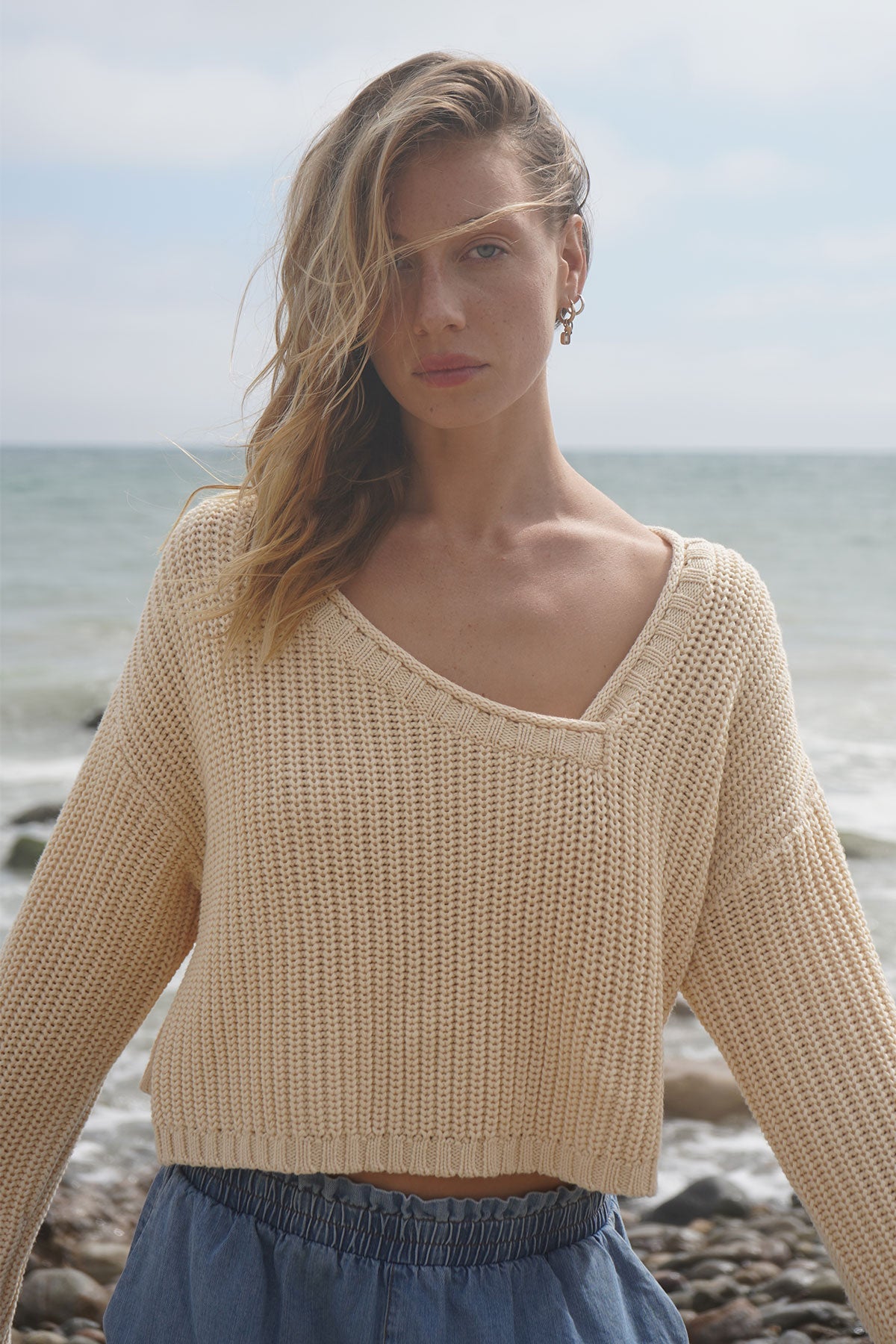 LNA Angle V Neck Sweater in Natural