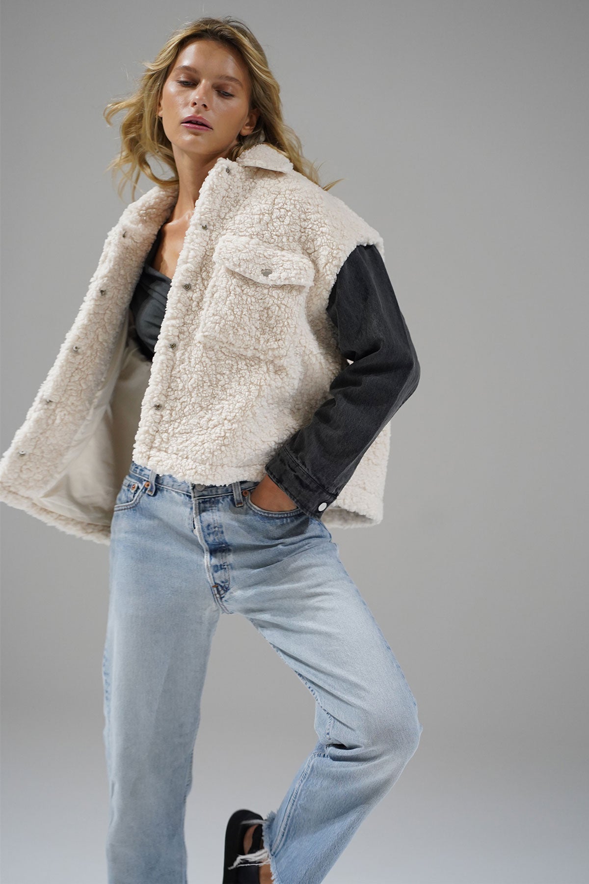 LNA Riley Jacket in Cream and Grey