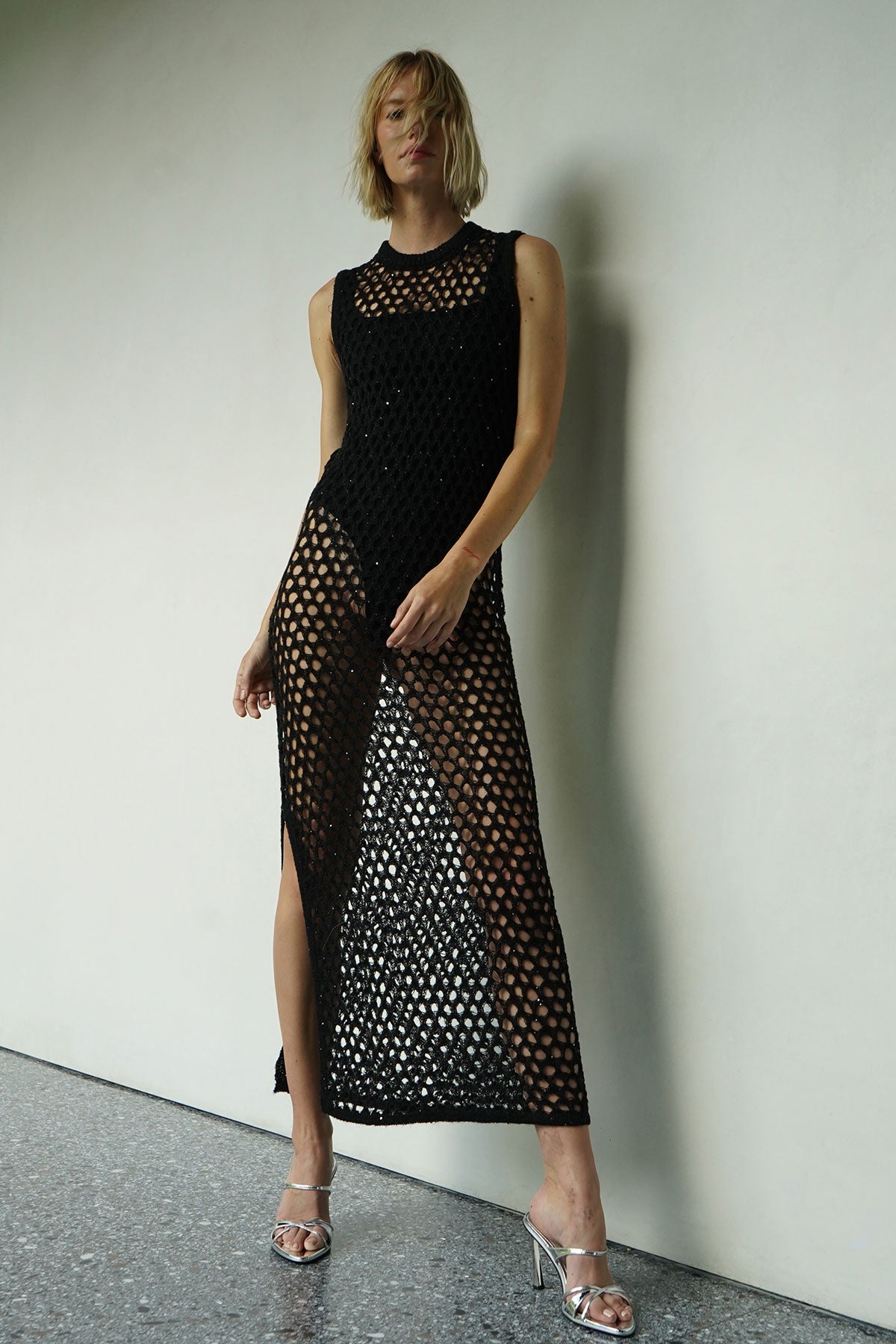 LNA Ry Sparkle Open Knit Sweater Dress in Black Night