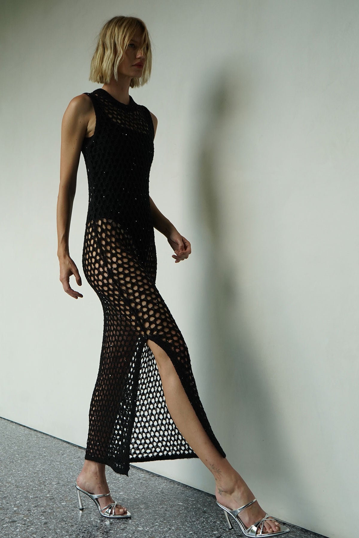 LNA Ry Sparkle Open Knit Sweater Dress in Black Night