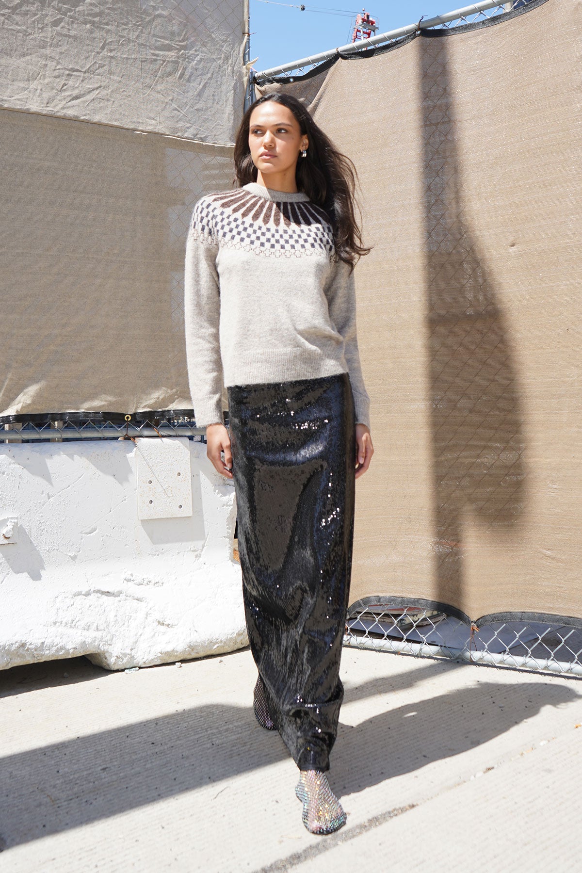 LNA Sibyl Fair Isle Sweater in Heather Beige