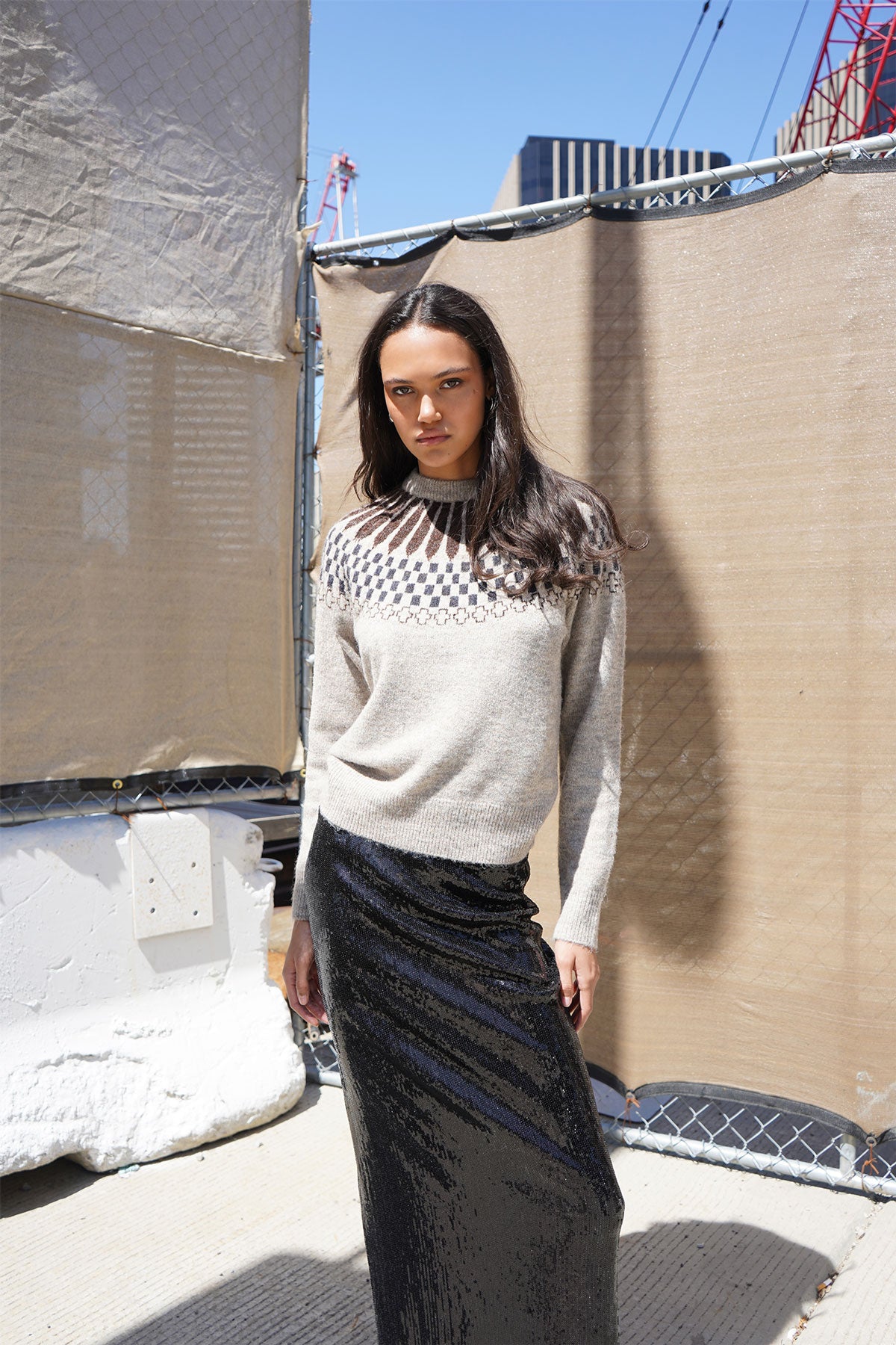 LNA Sibyl Fair Isle Sweater in Heather Beige