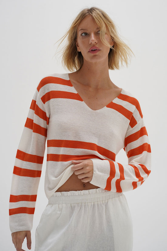 LNA Lucky Sweater in Coral Ivory Stripe