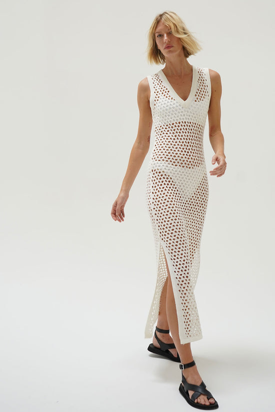 LNA Althaia V Open Knit Maxi Dress in White