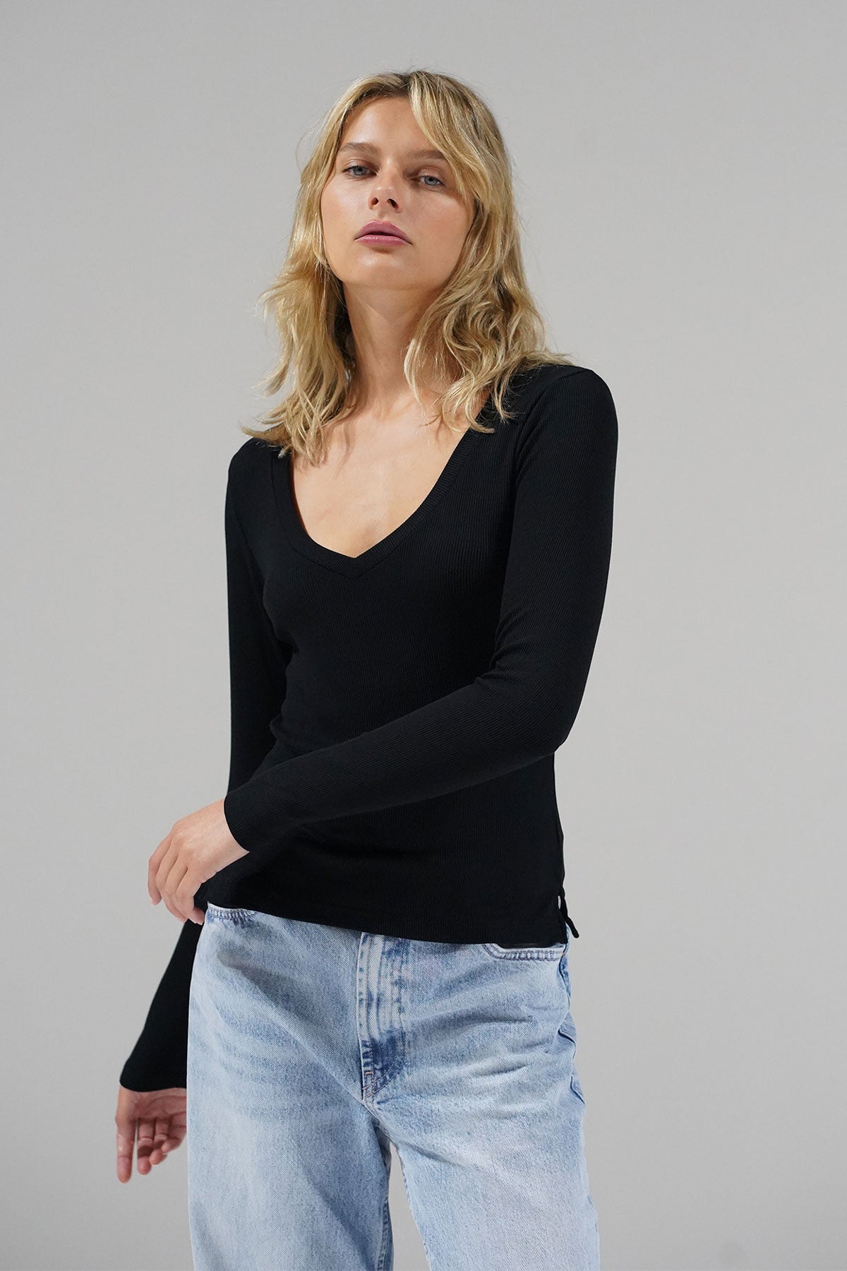 LNA V Neck Ribbed Long Sleeve top in Black