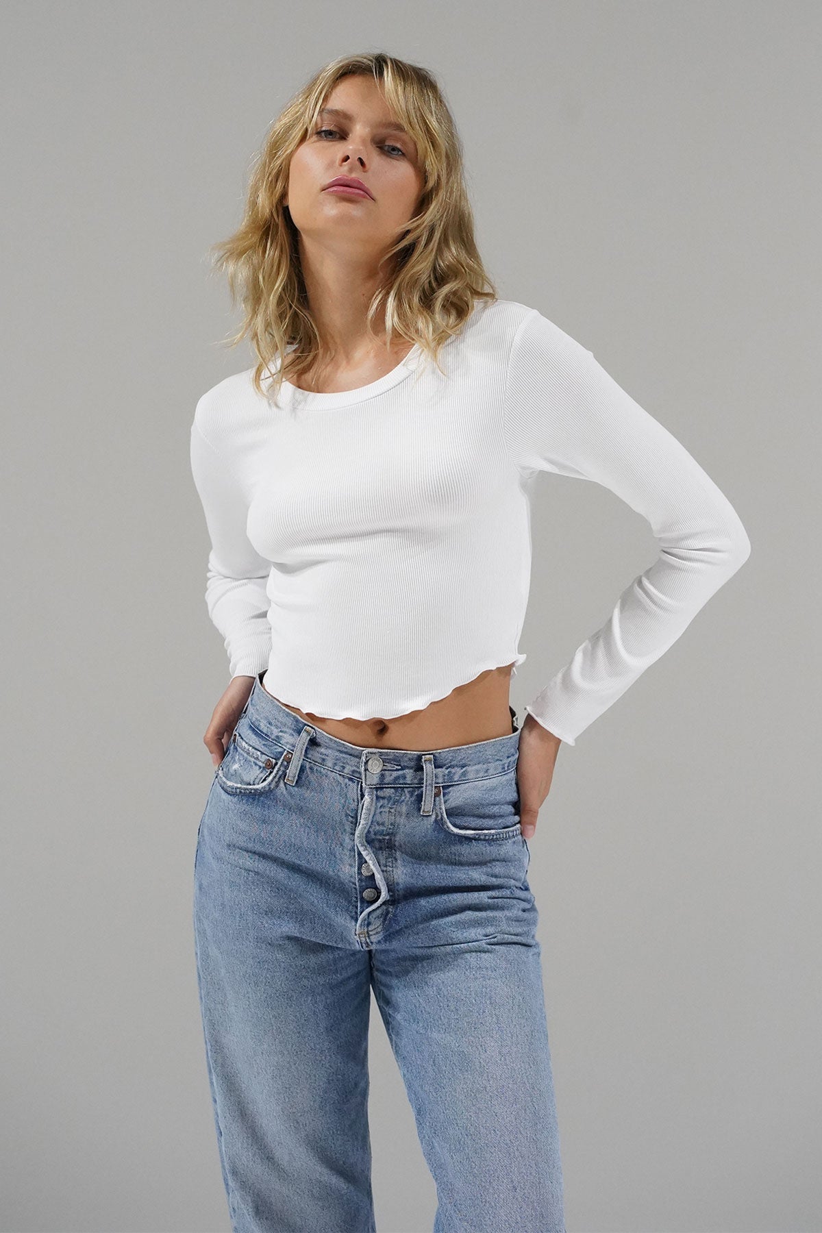 LNA Arya Cropped Long Sleeve in White