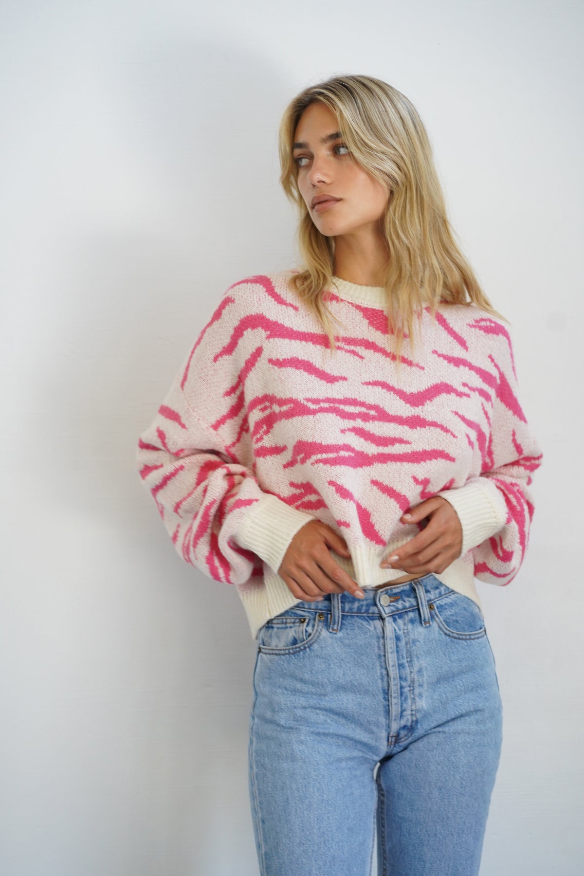 LNA Animal Jacquard Sweater in Ivory and Pink Animal