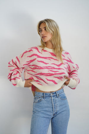 LNA Animal Jacquard Sweater in Ivory and Pink Animal