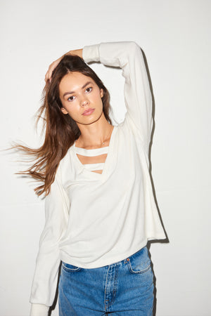 LNA Brushed V Neck Strap Pullover in White