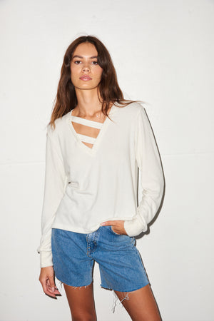 LNA Brushed V Neck Strap Pullover in White