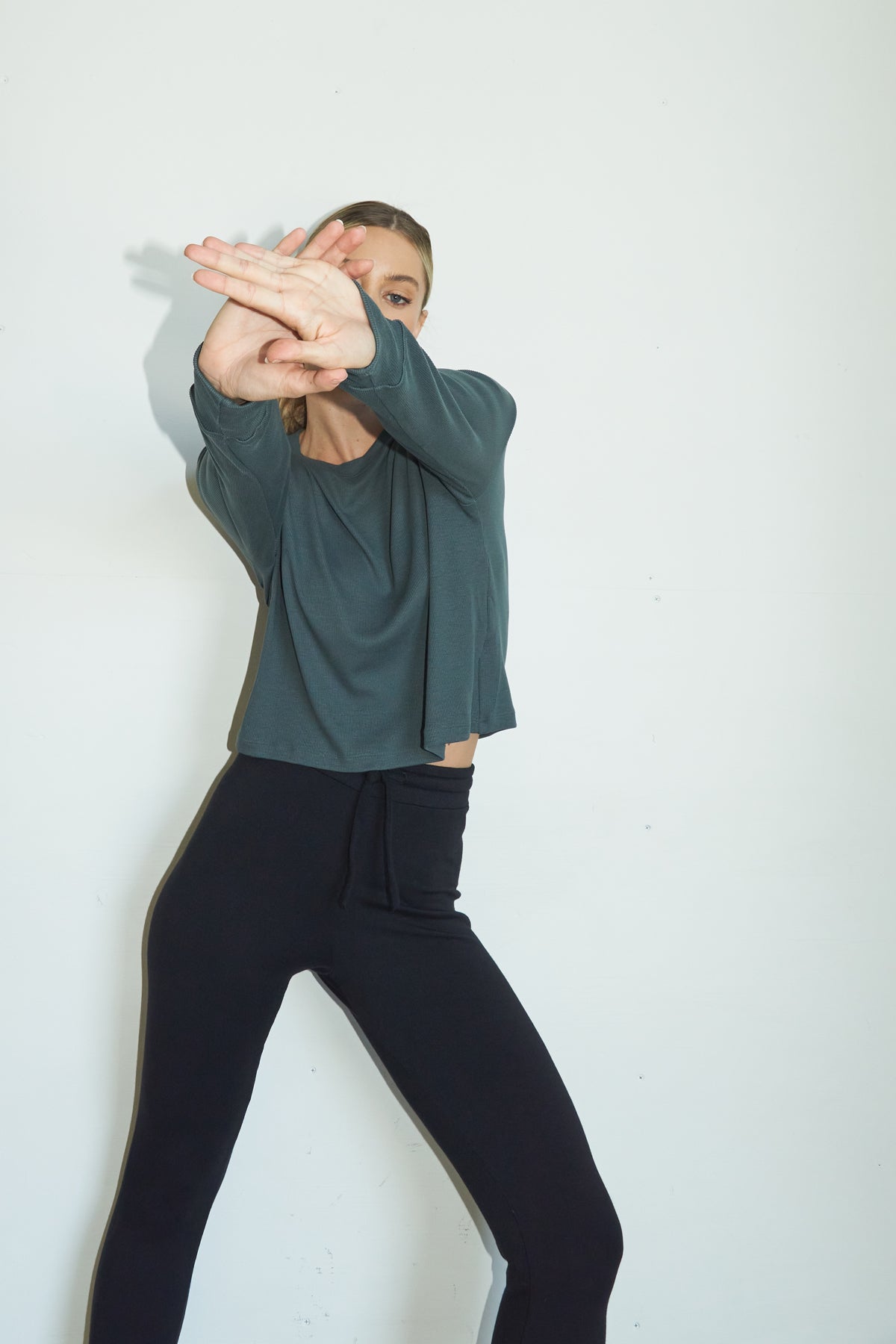 LNA Ribbed Long Sleeve Crew in Dark Olive Green