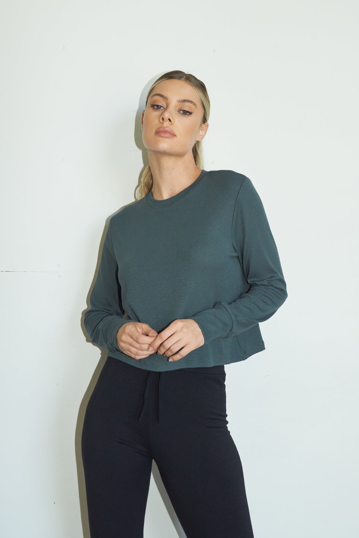 LNA Ribbed Long Sleeve Crew in Dark Olive Green