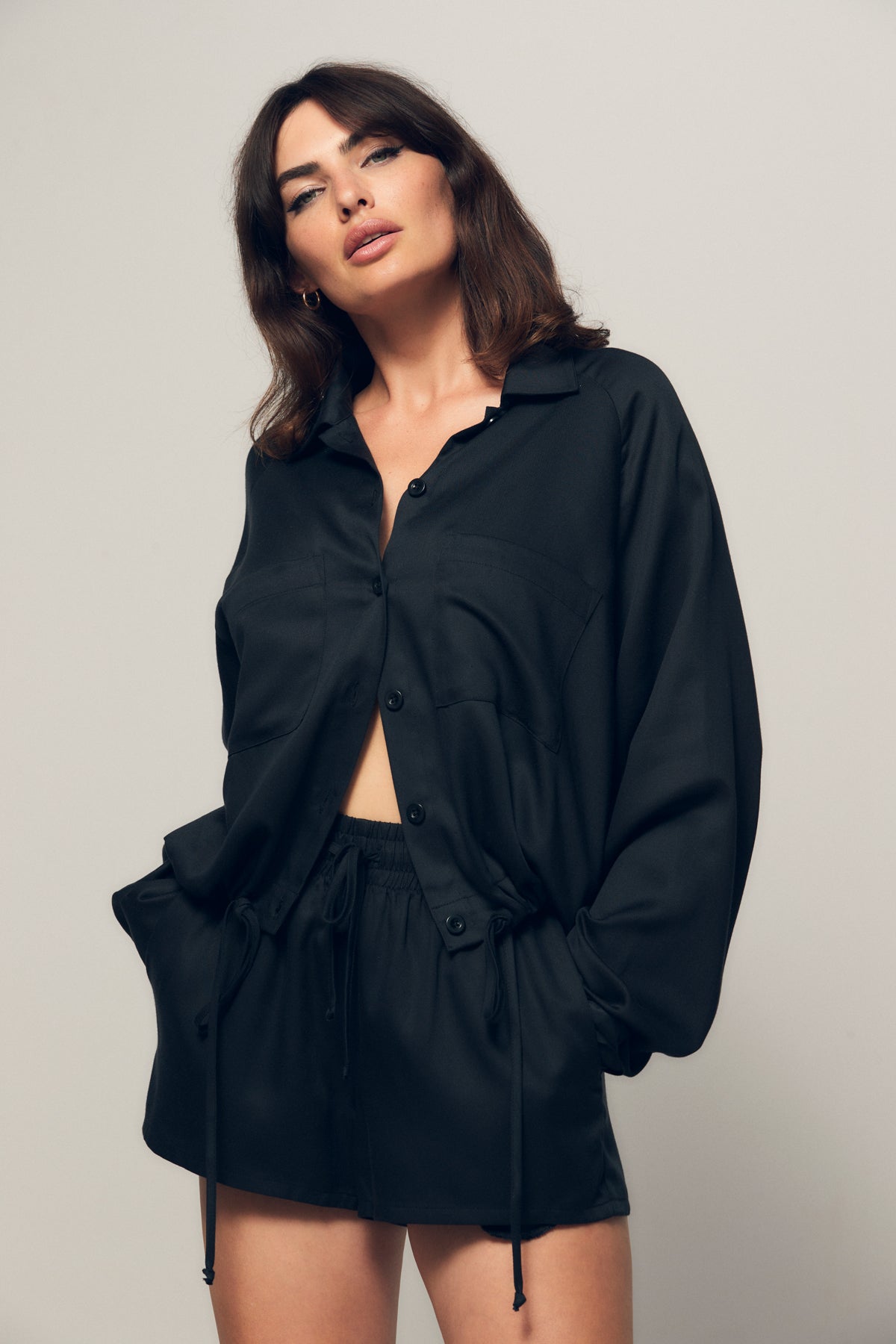 LNA Drawstring Button Down in Pirate Black