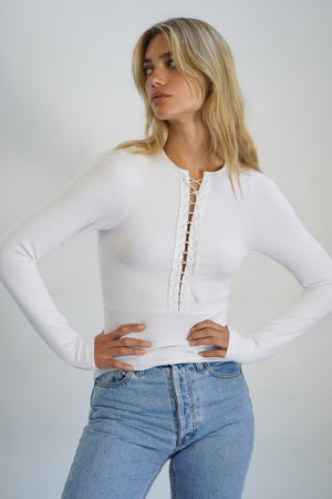 LNA Samira Lace Up Heavy Rib Top in White