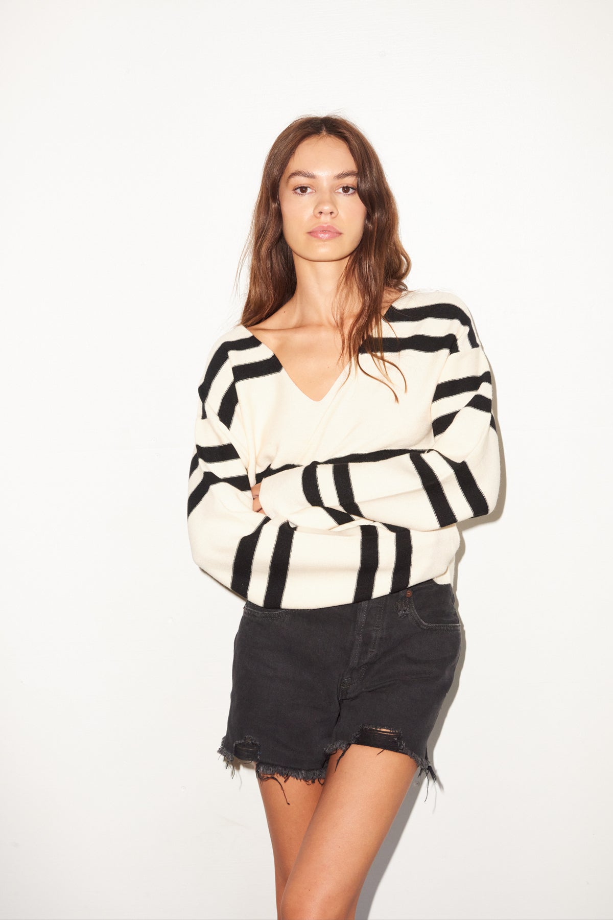 LNA Luca Striped Sweater in Ivory and Black Stripe
