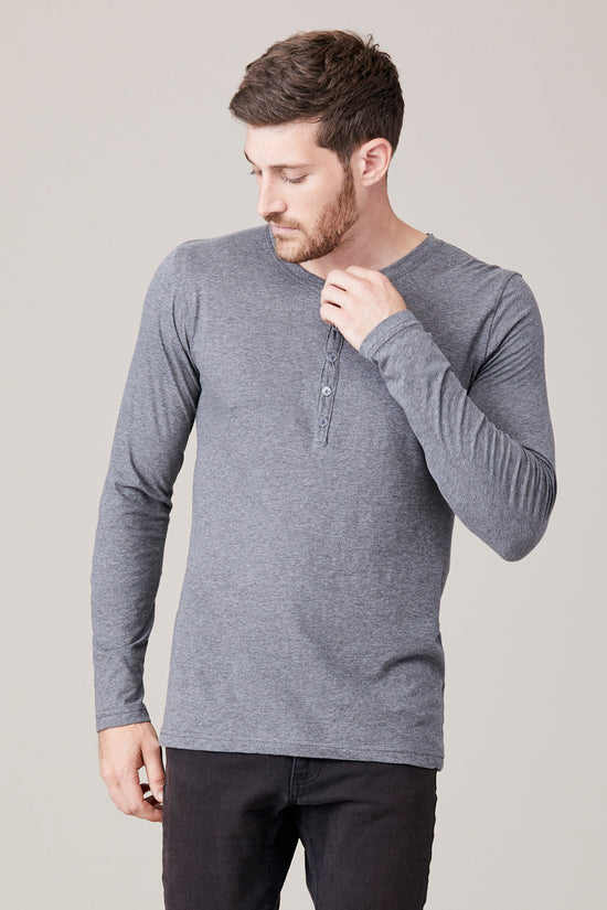 Henley boutonné à manches longues pour hommes - Gris chiné